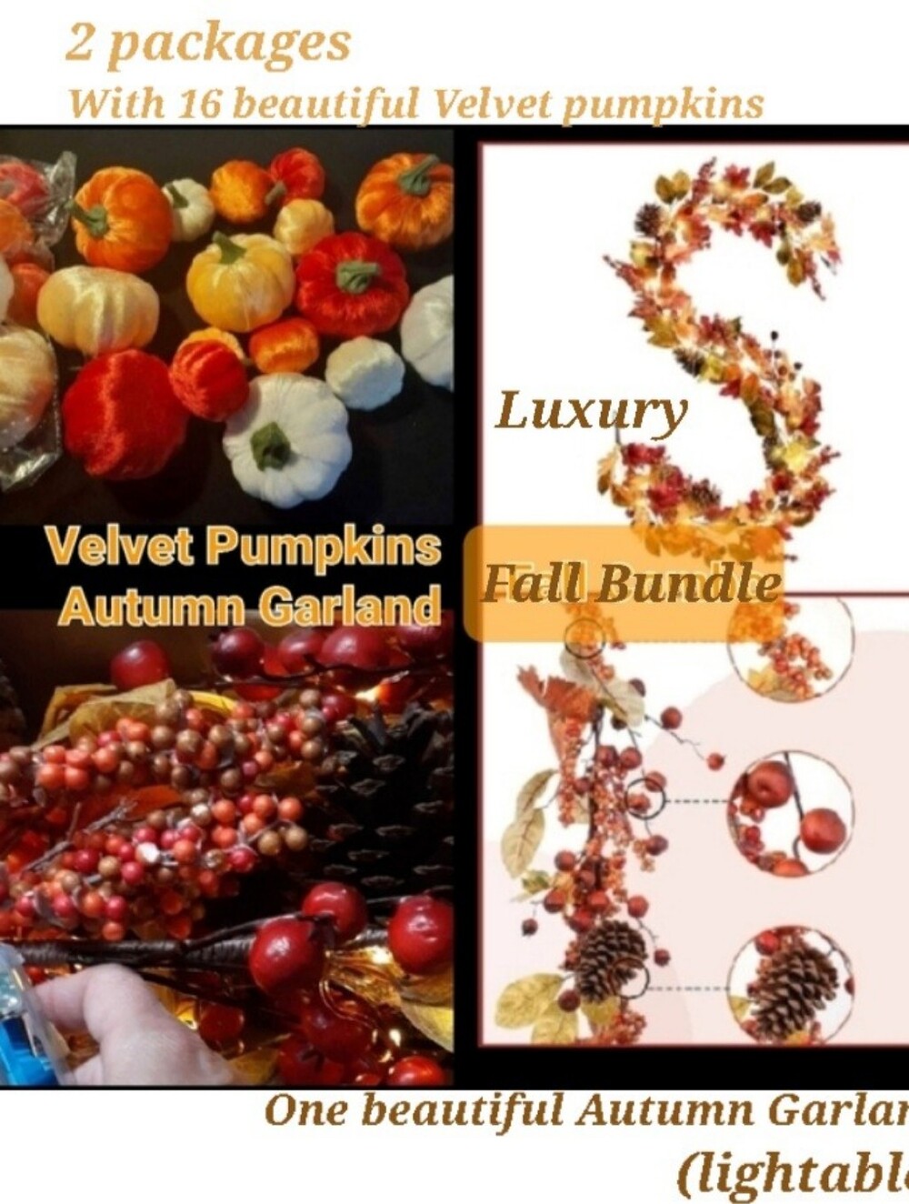 NWT Autumn Luxury Decor Bundle 1)Velvet Pumpkins & Light Up Autumn Garland